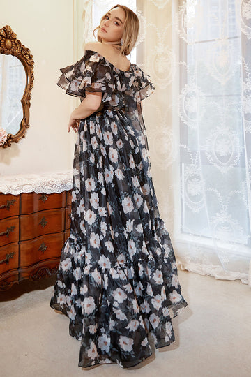 Black A Line Print Off Shoulder Plus Size Ball Dress